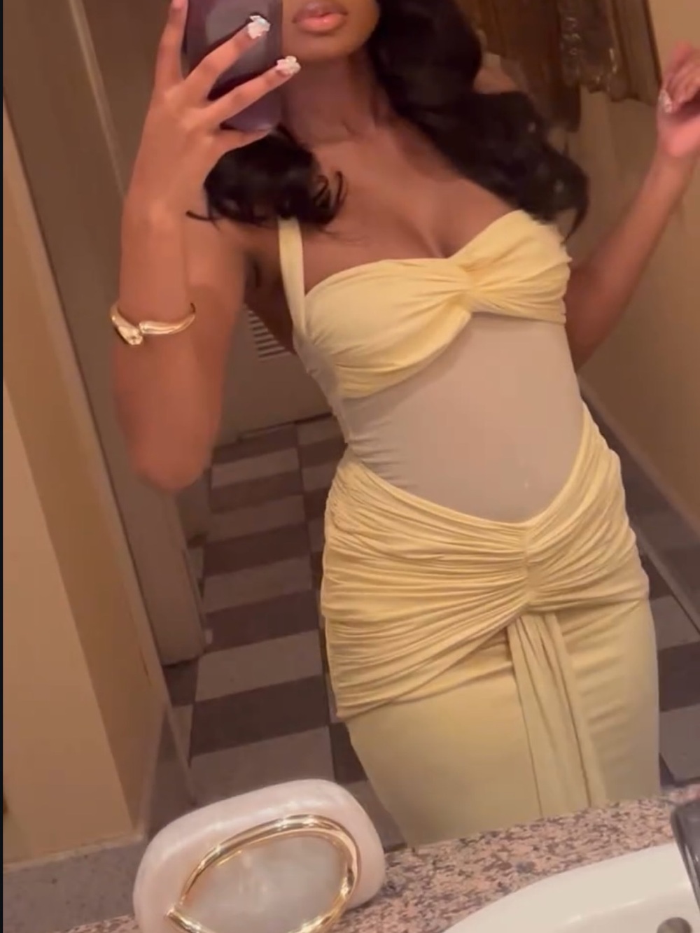 Baby Boo Yellow Ruched Twist-Front Bodycon Maxi Dress Good Condition